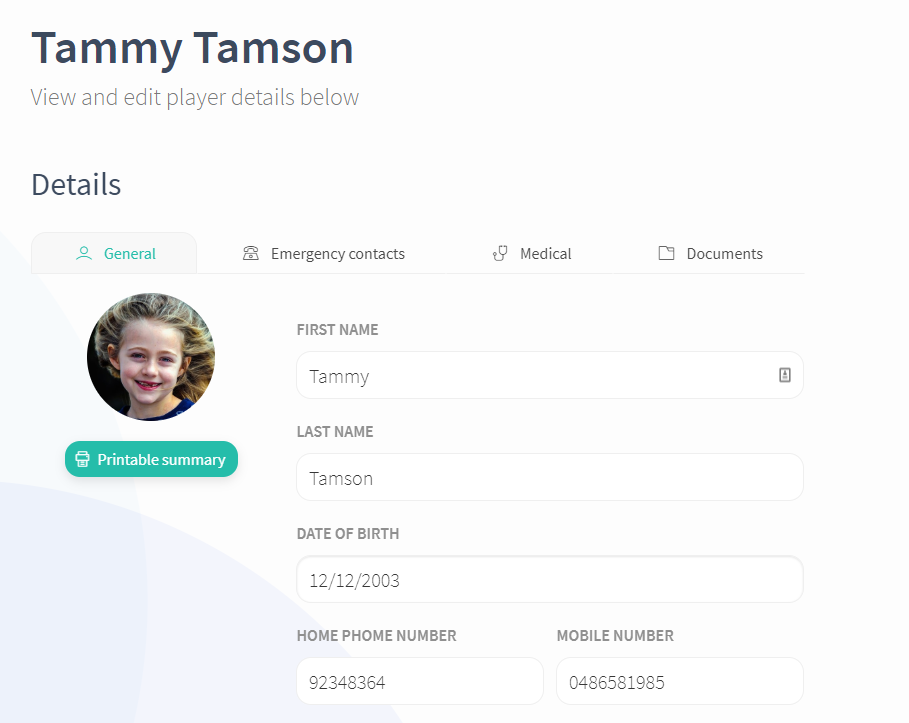 screenshot of a student profile